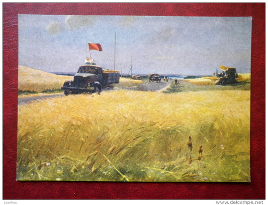 Painting by Viktor Karrus - Crop for the State - truck - soviet red flag - estonian art - unused - JH Postcards