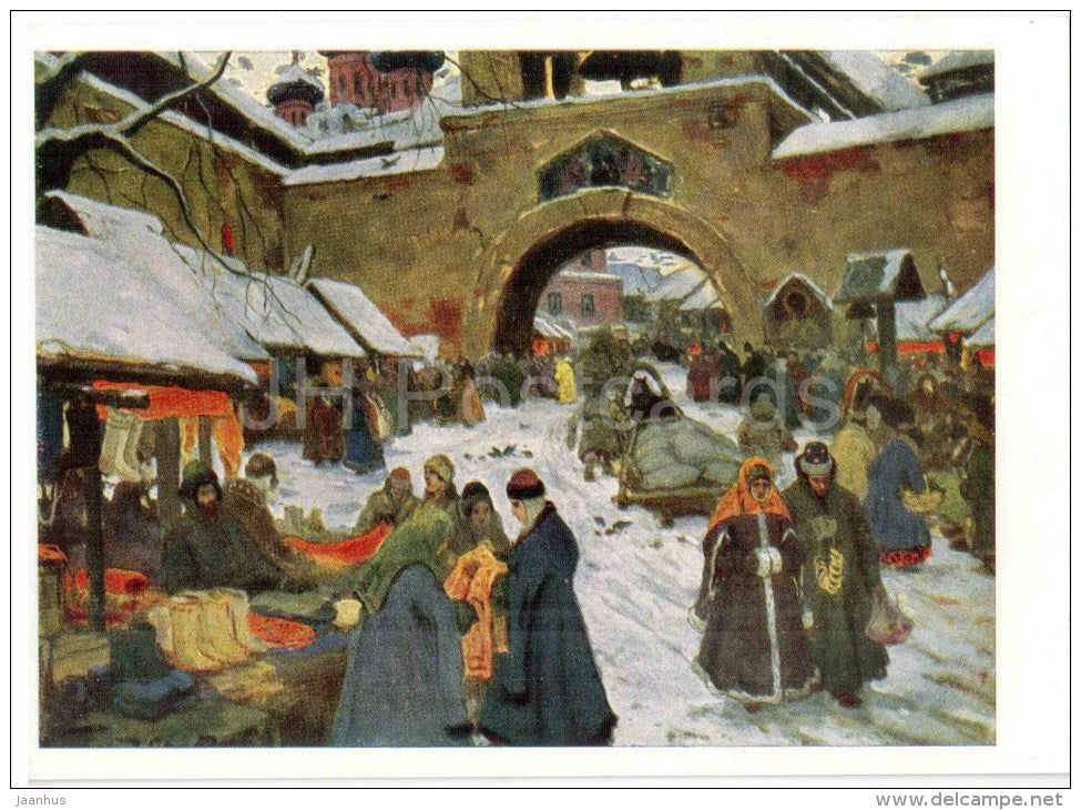 painting by I. Goryushkin-Sorokopudov  - Market day in the old town , 1910s - horse sledge - russian art - unused - JH Postcards
