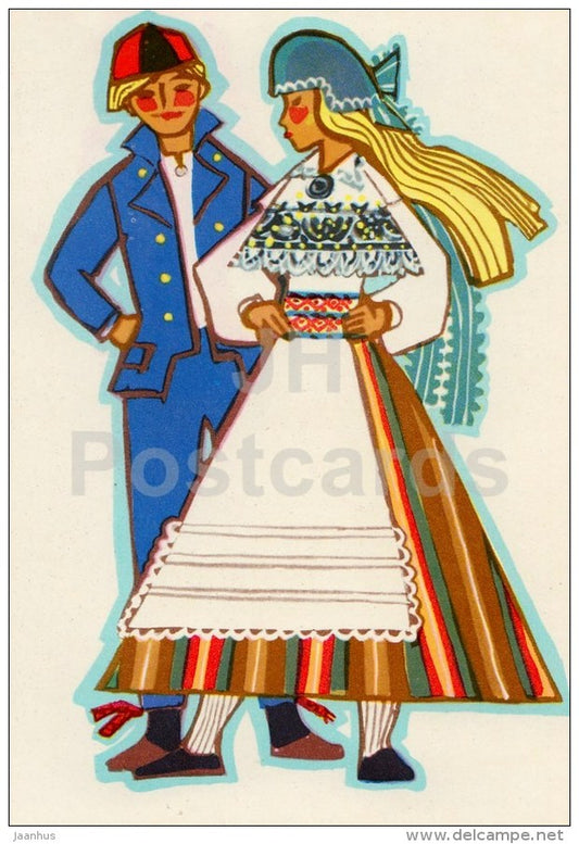 illustration by M. Fuks - folk dance - Estonian Folk Costumes - 1969 - Estonia USSR - unused - JH Postcards