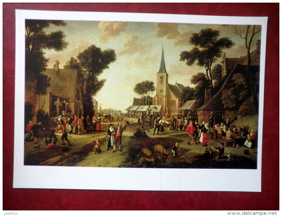 large format postcard - painting by Egbert van der Poel , The Fair , 1661 - pigs - dogs - dutch art - unused - JH Postcards
