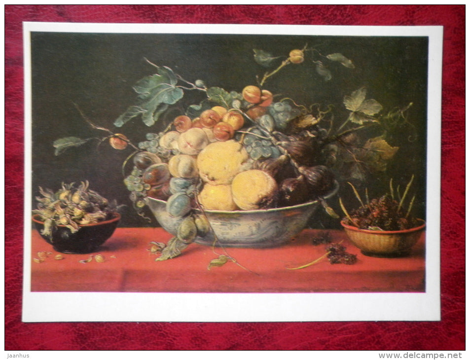 Painting by Frans Snyders - Still Life - Bowl of Fruit on a Red Tablecloth - flemish art - unused - JH Postcards