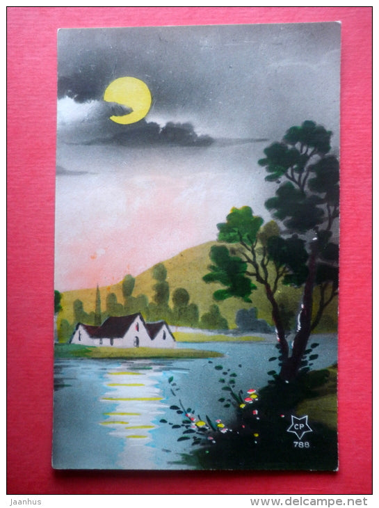 illustration - house - river - CP 788 - old postcard - circulated in Estonia - JH Postcards