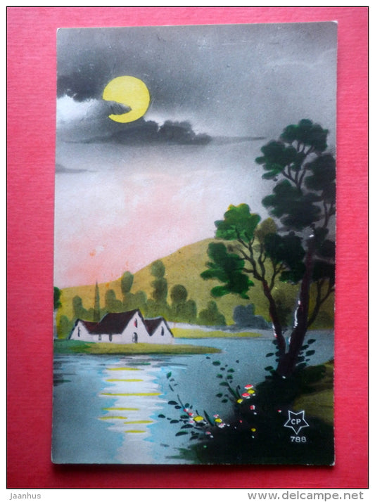 illustration - house - river - CP 788 - old postcard - circulated in Estonia - JH Postcards