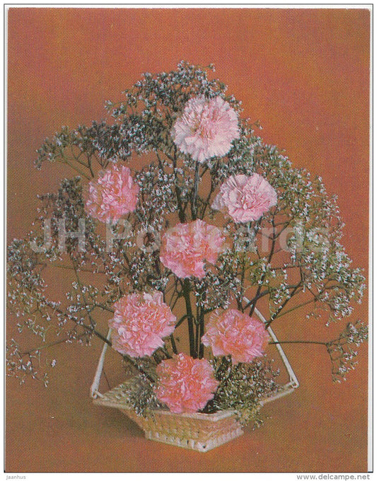 mini Birthday greeting card - pink carnation - flowers - basket - 1989 - Russia USSR - unused - JH Postcards