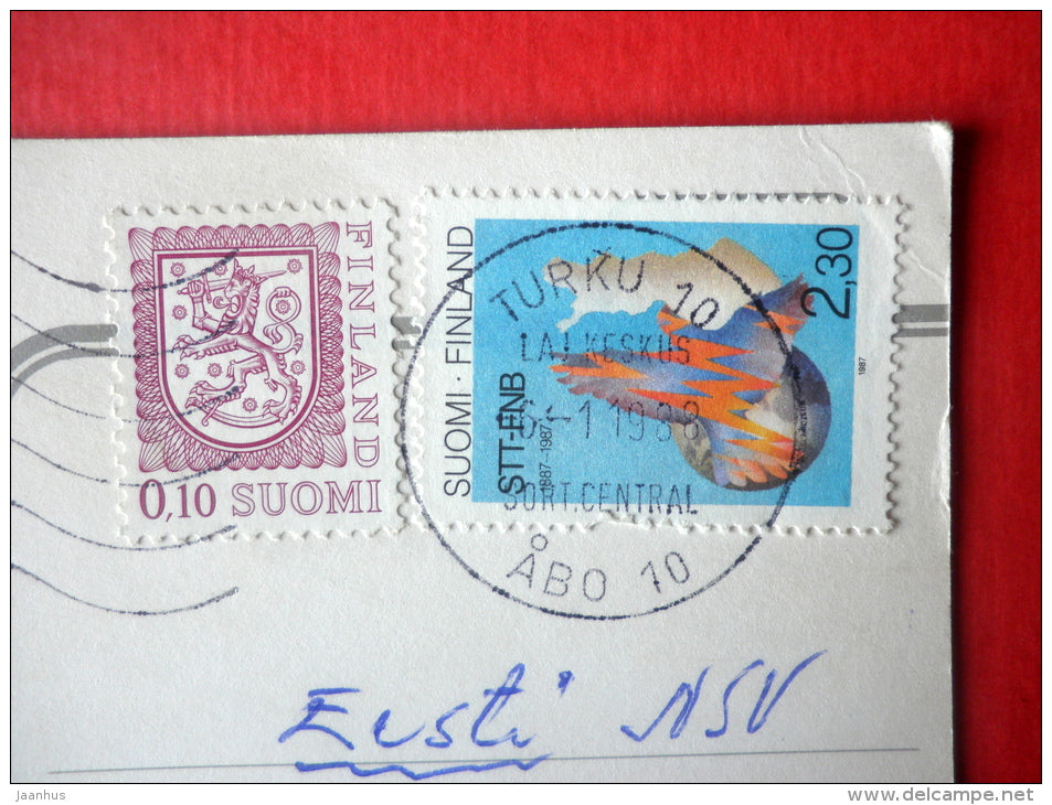 illustration by Giordano - bear sleeping - bed - Finland - sent from Finland Turku to Estonia USSR 1987 - JH Postcards