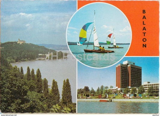 Greetings from lake Balaton - sailing boat - hotel - view - multiview - 1970s - Hungary - used - JH Postcards