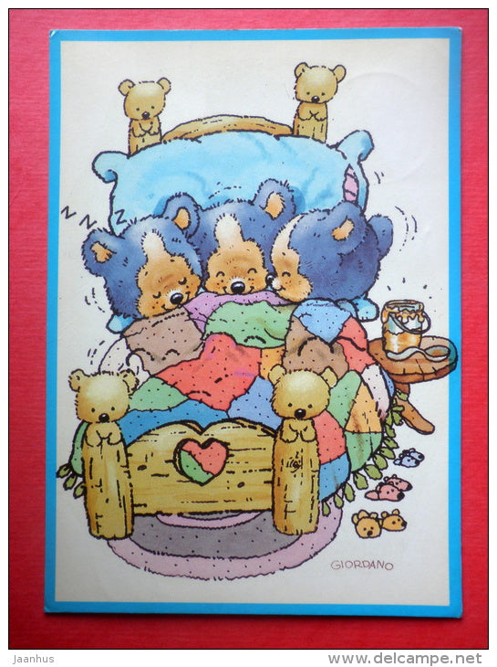 illustration by Giordano - bear sleeping - bed - Finland - sent from Finland Turku to Estonia USSR 1987 - JH Postcards