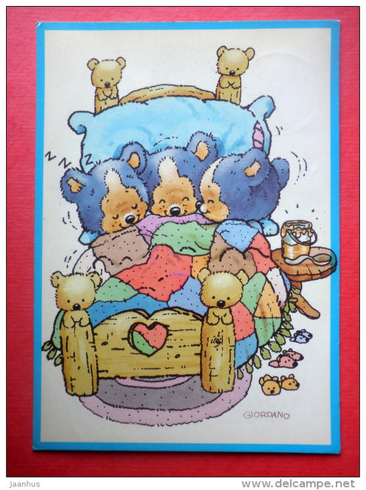 illustration by Giordano - bear sleeping - bed - Finland - sent from Finland Turku to Estonia USSR 1987 - JH Postcards