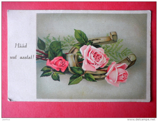 new year greeting card - fhorseshoe - rose - flowers - circulated in Estonia 1920s - JH Postcards