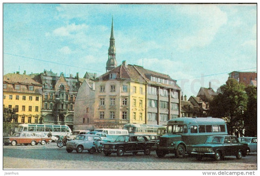 17th of June square - bus - car Zhiguli , Moskvitch - Old Town - Riga - 1974 - Latvia USSR - unused - JH Postcards
