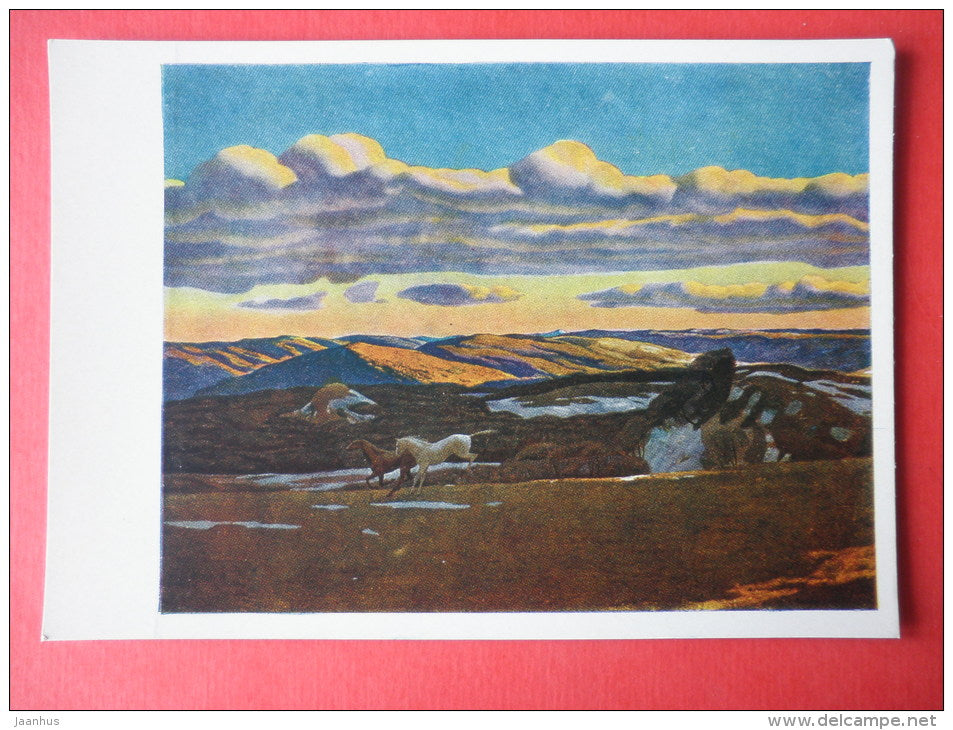 painting by Rockwell Kent - Spring Fever . Berkshire Hills in Massachusetts . 1908 - horse - art of USA - unused - JH Postcards