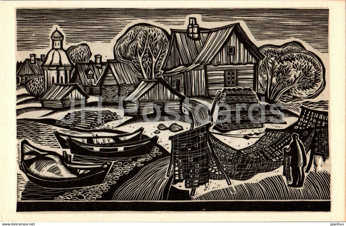 Solovki - Village - graphics by V. Presnyakov - 1969 - Russia USSR - unused - JH Postcards