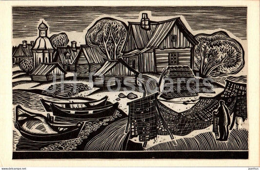 Solovki - Village - graphics by V. Presnyakov - 1969 - Russia USSR - unused - JH Postcards