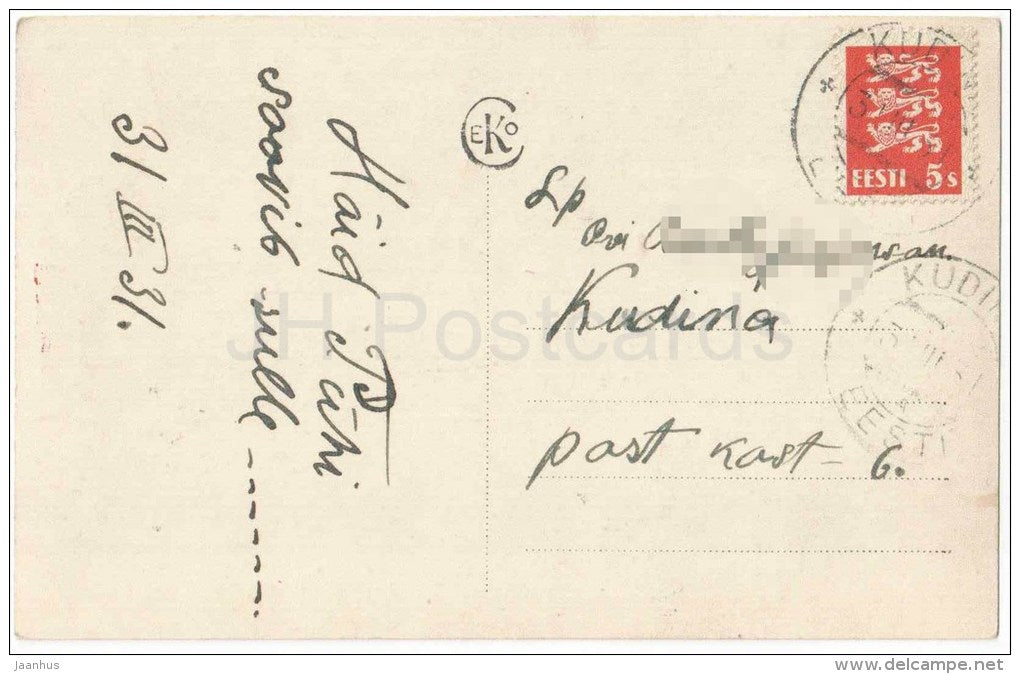 easter greeting card - children - windmill - eggs - bells - flowers - CEKO 1777 - circulated in Estonia 1931 Kudina - JH Postcards