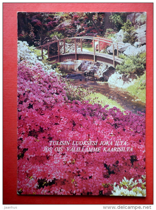 garden - flowers - bridge - EUROPA CEPT - Finland - sent from Finland Turku to Estonia USSR 1985 - JH Postcards