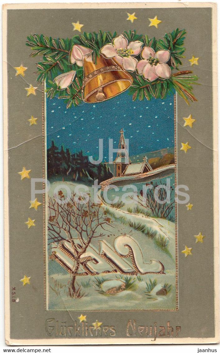 New Year Greeting Card - Gluckliches Neujahr 1912 - bells - church - M S i B - old postcard - 1911 - Germany - used - JH Postcards