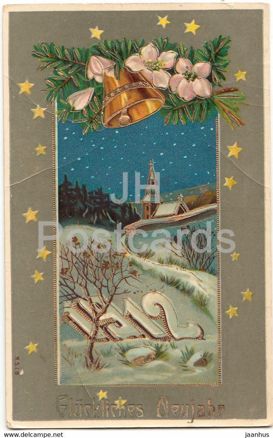 New Year Greeting Card - Gluckliches Neujahr 1912 - bells - church - M S i B - old postcard - 1911 - Germany - used - JH Postcards