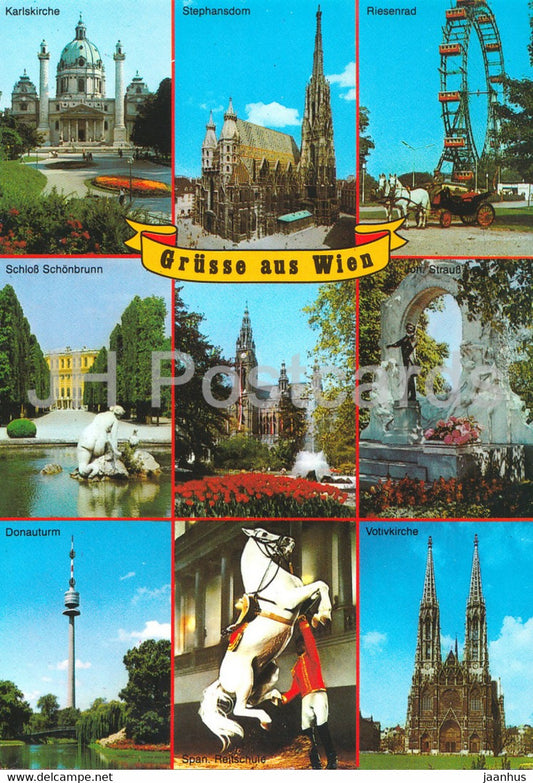 Wien - Vienna - Grusse aus Wien - Karlskirche - Stephansdom - Riesenrad - Donauturm - horse - Austria - used - JH Postcards