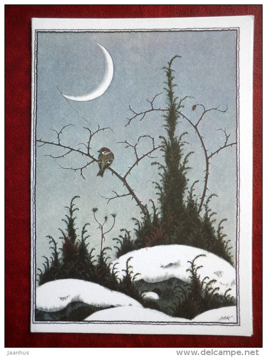 New Year Greeting card - illustration by Mari Kaarma - moon - birds - winter - 1989 - Estonia USSR - used - JH Postcards