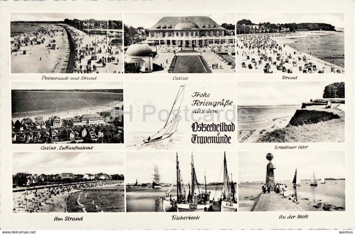 Ostseeheilbad Travemunde - Casino - Strand - Fischerboote - boat - old postcard - 1962 - Germany - used - JH Postcards