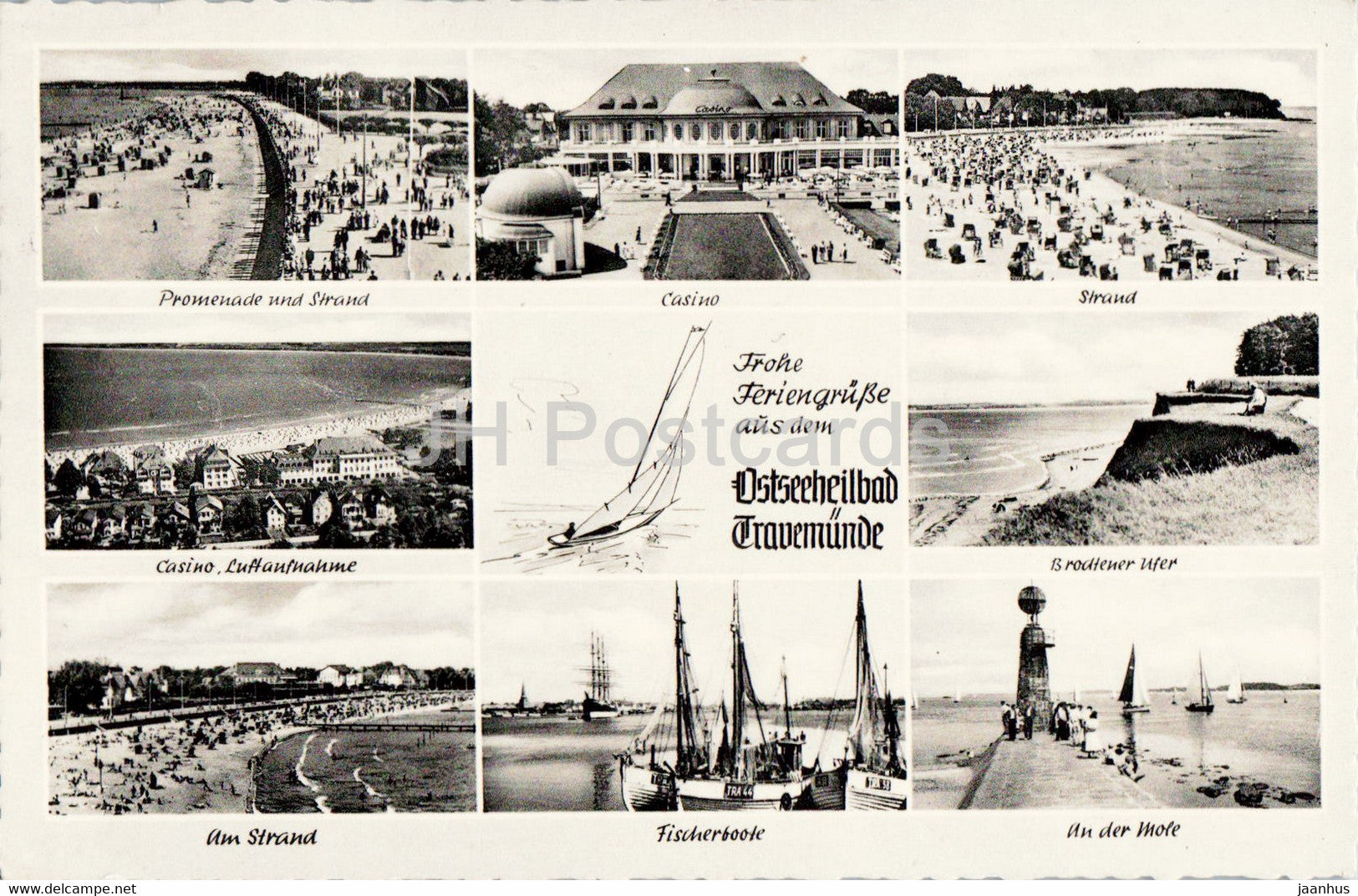 Ostseeheilbad Travemunde - Casino - Strand - Fischerboote - boat - old postcard - 1962 - Germany - used - JH Postcards