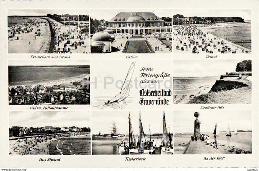 Ostseeheilbad Travemunde - Casino - Strand - Fischerboote - boat - old postcard - 1962 - Germany - used - JH Postcards