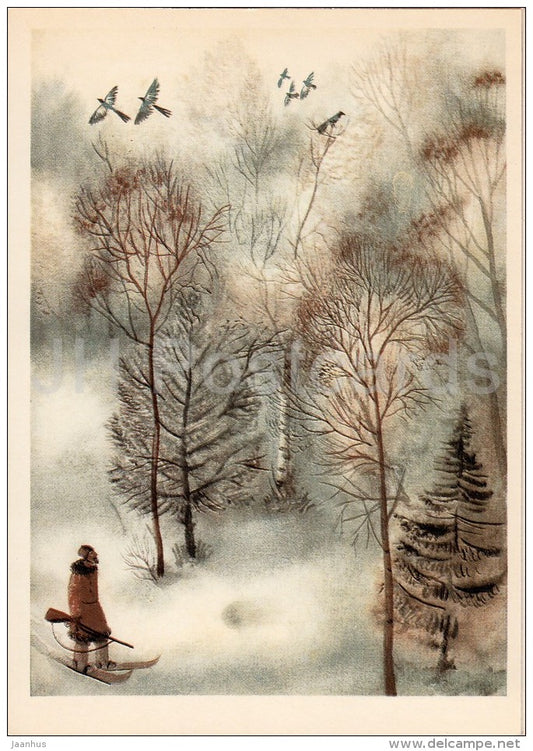 illustration by K. Sokolov - hunter - In the Land of Unfrightened Birds by M. Prishvin - 1979 - Russia USSR - unused - JH Postcards