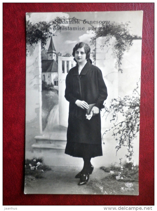Greeting Card - lady in black - EAS  7201/4 - circulated in Estonia - used - JH Postcards