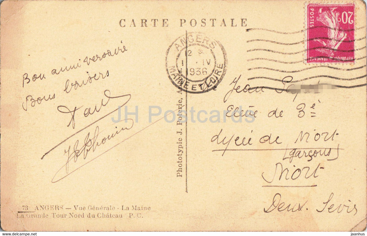 Angers - Vue Generale - La Maine - La Grande Tour Nord du Chateau - alte Postkarte - 1936 - Frankreich - gebraucht