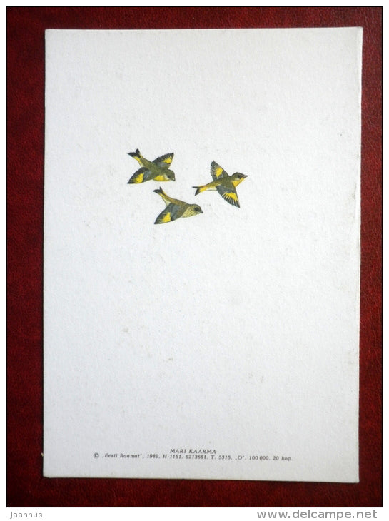 New Year Greeting card - illustration by Mari Kaarma - moon - birds - winter - 1989 - Estonia USSR - used - JH Postcards