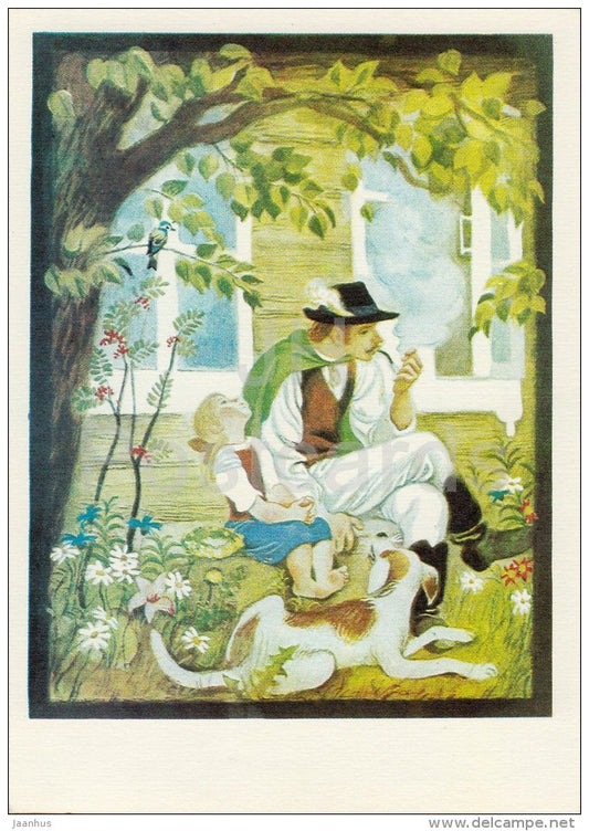 illustration - girl and father - dog - Don´t Cry Mushroom by D. Mrazkova - fairy tale  - 1979 - Russia USSR - unus - JH Postcards