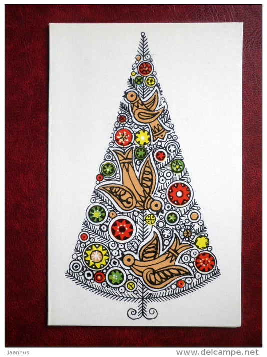 New Year Greeting card - illustration by I. Rosenfeld - decorated tree - birds - 1971 - Estonia USSR - used - JH Postcards