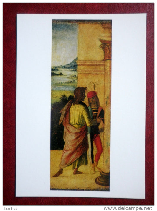 painting by Lorenzo Costa , Two Men standing by a Column - italian art - unused - JH Postcards