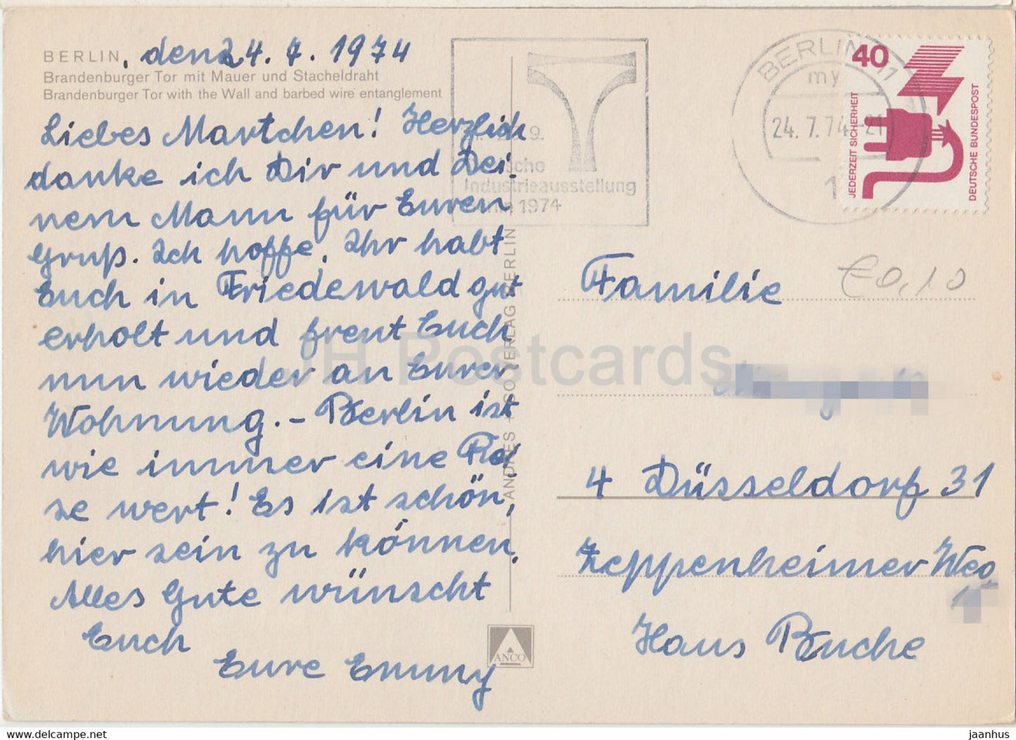 Berlin - Branderburger Tor mit Mauer und Stacheldraht - 18 - 1974 - Allemagne - utilisé