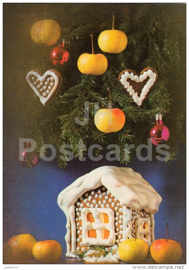New Year Greeting card - 2 - gingerbread house - decorations - apples - 1987 - Estonia USSR - used - JH Postcards