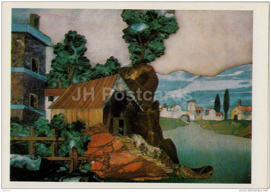 Plaque , Landscape with a Cottage - Florentine Mosaic - Italian art - 1974 - Russia USSR - unused - JH Postcards