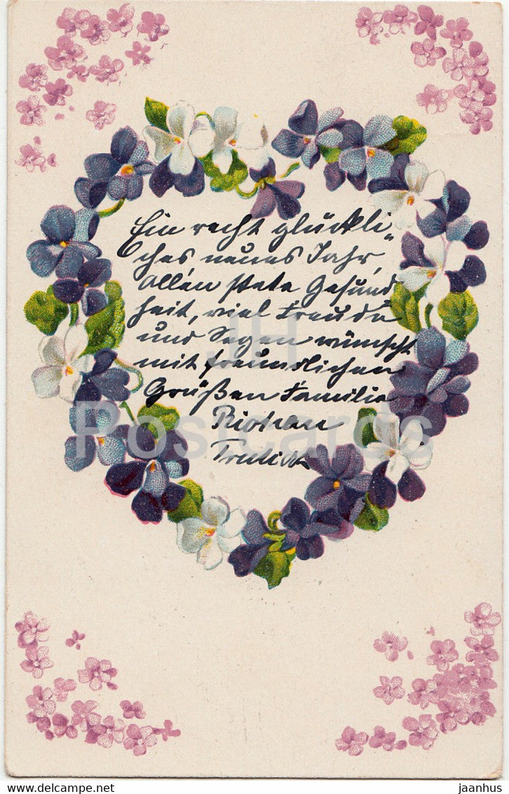 Greeting Card - flowers heart - old postcard - Germany - used - JH Postcards