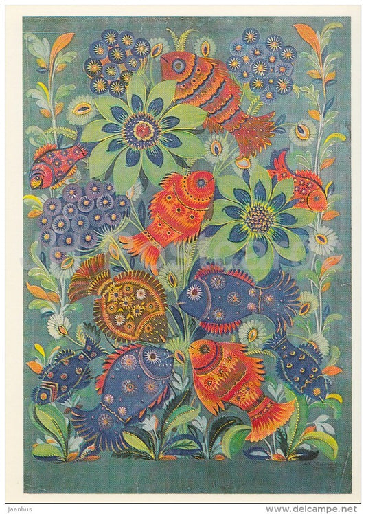 painting by Marfa Timchenko - Fishes , 1963 - Ukrainian art - Russia USSR - 1981- unused - JH Postcards