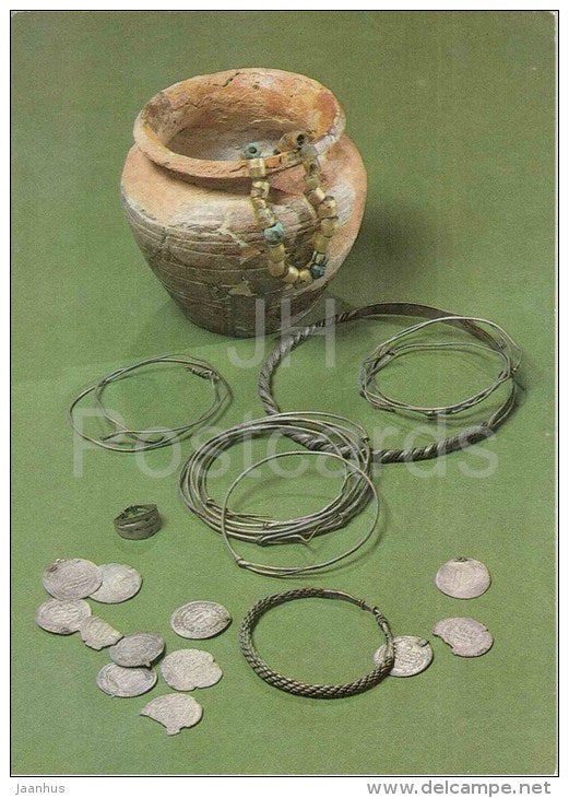 Coins and Adornments , Part of the 11th century Hoard - silver - archaeology - 1986 - Belarus USSR - unused - JH Postcards