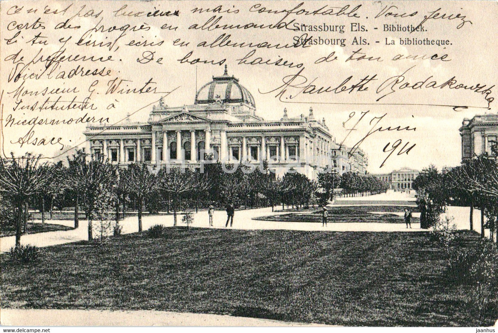 Strasbourg Als - La Bibliotheque - Strassburg Els - Bibliothek - old postcard - 1911 - France - used - JH Postcards