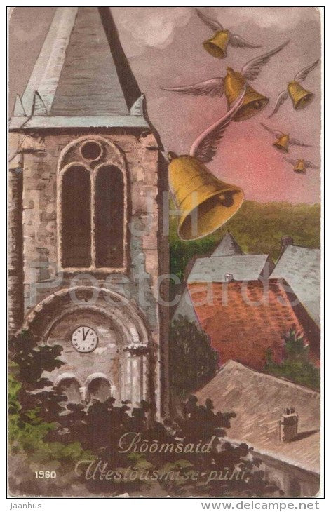 easter greeting card - church - bells - RIP 1960 - circulated in Estonia 1931 Aaspere - JH Postcards