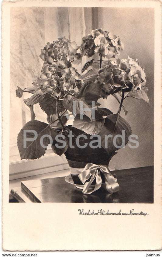 Herzlichen Gluckwunsch zum Namenstage - flowers - vase - old postcard - 1939 - Germany - used - JH Postcards