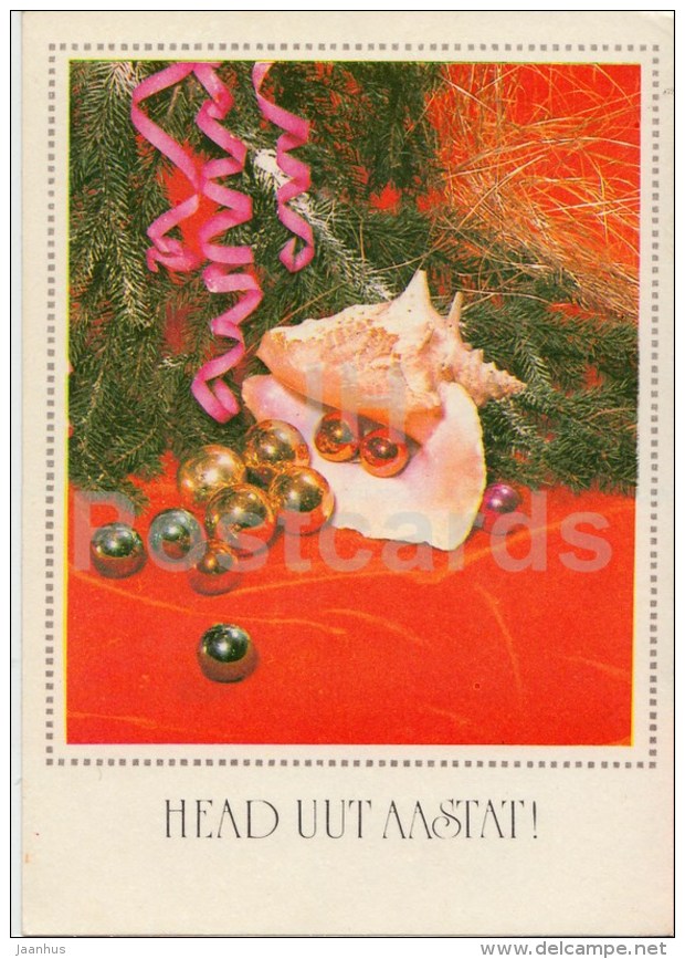 New Year Greeting card - 2 - decorations - sea shell - 1977 - Estonia USSR - used - JH Postcards