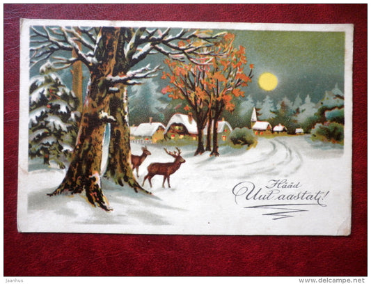 New Year Greeting Card - roe deer - village - winter - moon - 706 - 1920s-1930s - Estonia - used - JH Postcards