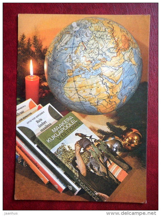 New Year Greeting card - globe - candle - books - 1984 - Estonia USSR - used - JH Postcards