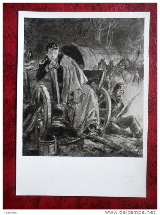 Drawing by D. A. Shmarinov - Petya Rostov before the battle , Tolstoy War and Peace , 1953 - russian art - unused - JH Postcards
