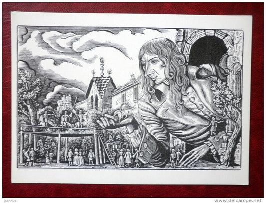 helping - Gulliver's Travels by Jonathan Swift - book - engravings by S. Harlamov - Russia USSR - 1976 - unused - JH Postcards