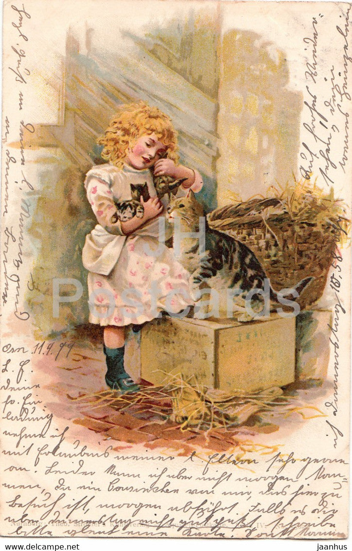 girl - cat - illustration - Serie IV - old postcard - 1899 - Germany - used - JH Postcards