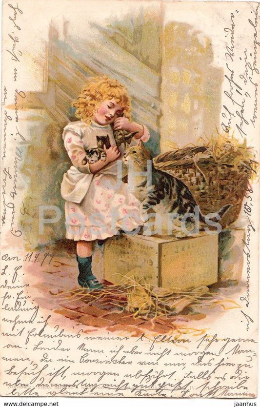 girl - cat - illustration - Serie IV - old postcard - 1899 - Germany - used - JH Postcards