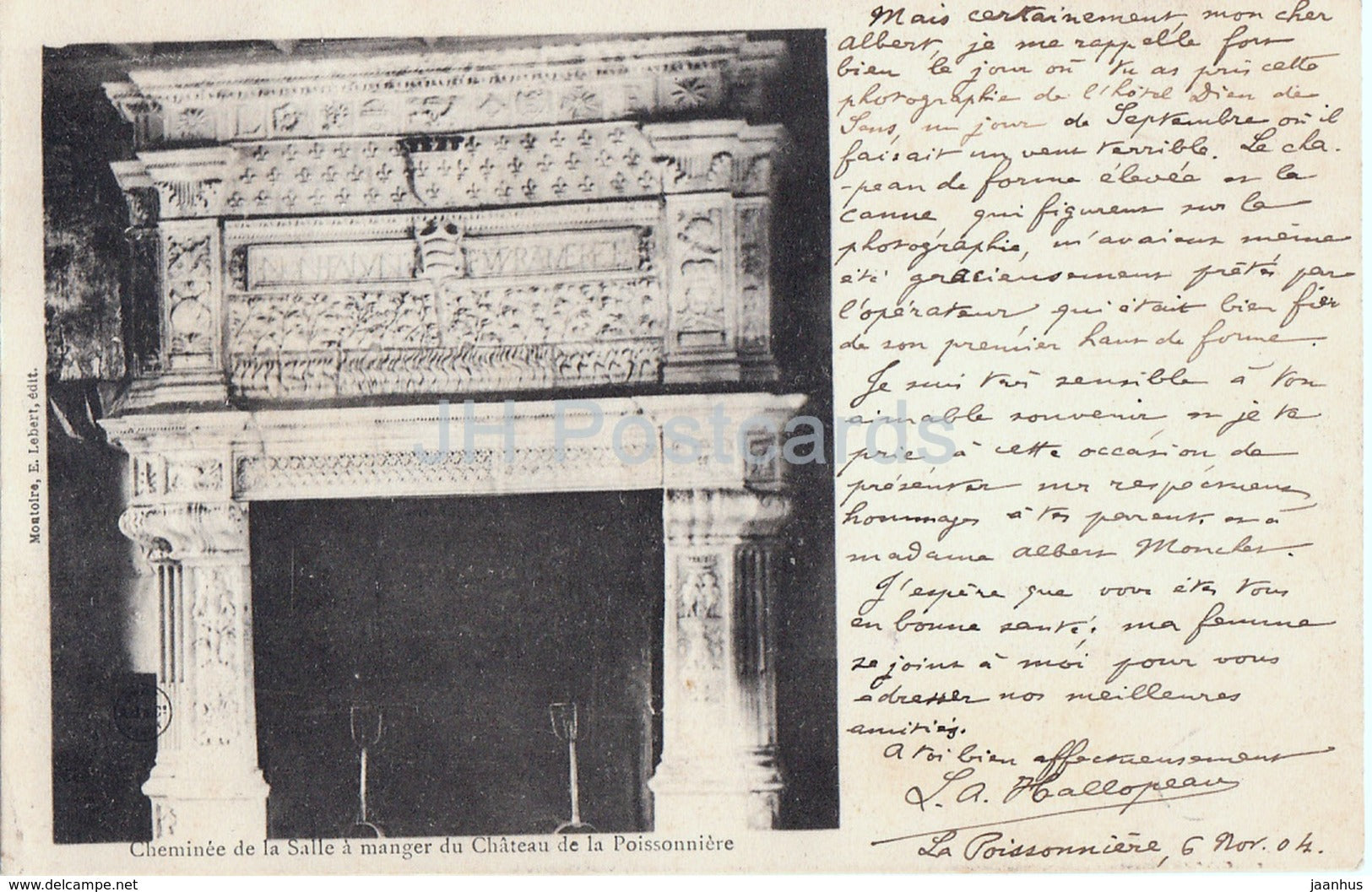 Cheminee de la Salle a manger du Chateau de la Poissonniere - castle - old postcard - 1904 - France - used - JH Postcards